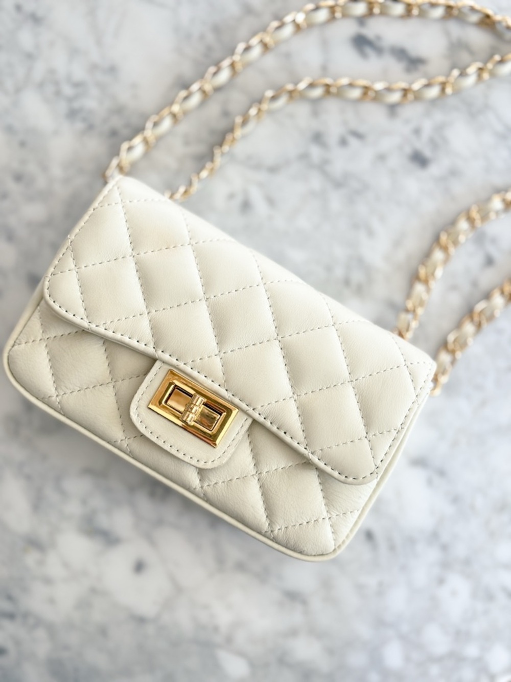 Simons Small Quilted Smooth Leather Bag — Cream
